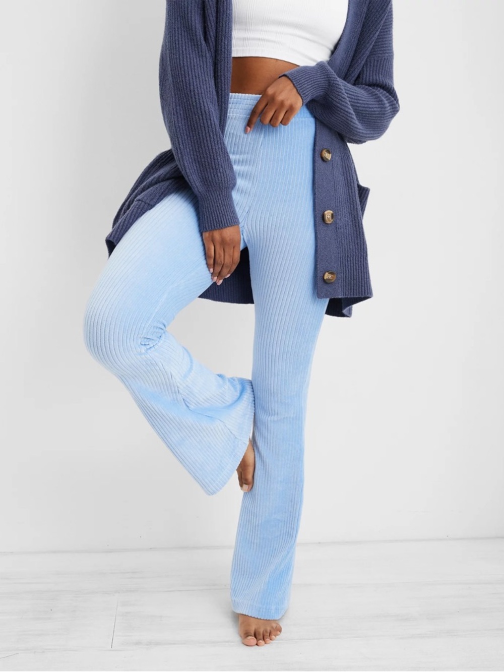 Aerie Groove-On Velour High Waisted Flare Pant in Blue Lion Size Small NEW